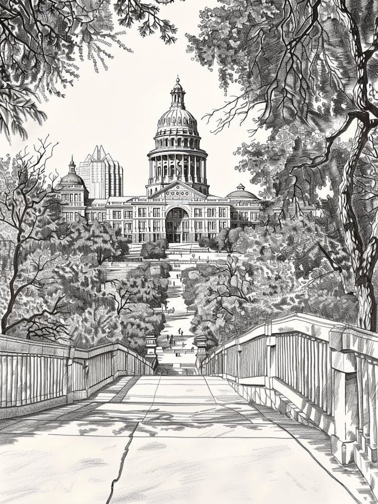 The Texas State Capitol Austin Texas Black And White Drawing 3