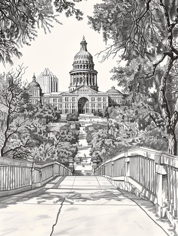The Texas State Capitol Austin Texas Black And White Drawing 3