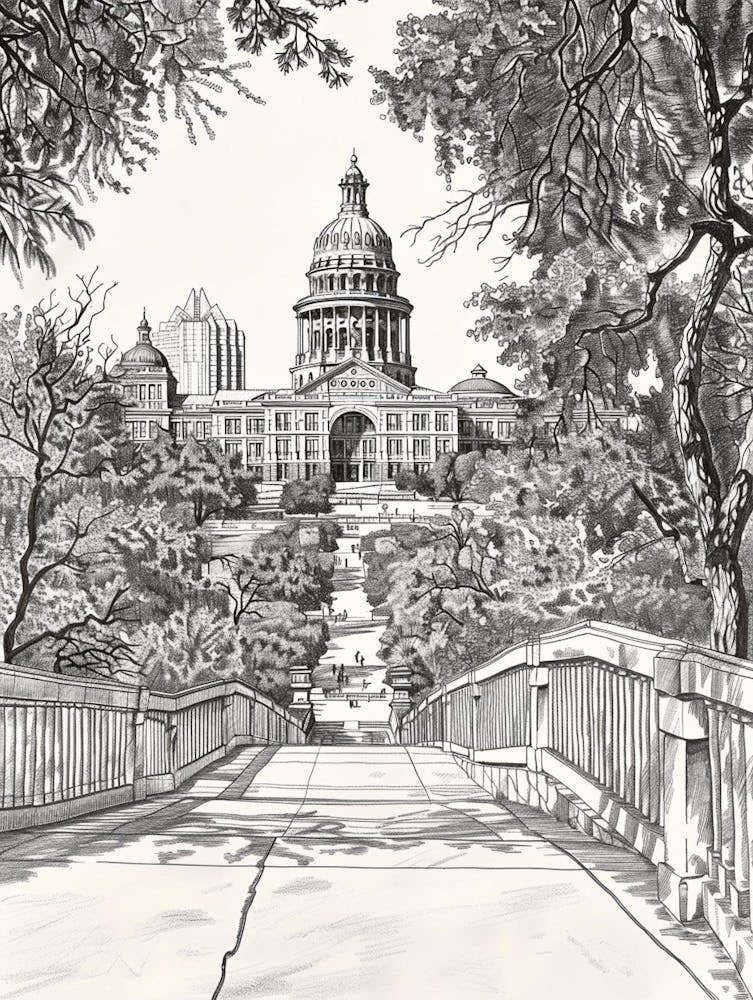 The Texas State Capitol Austin Texas Black And White Drawing 3