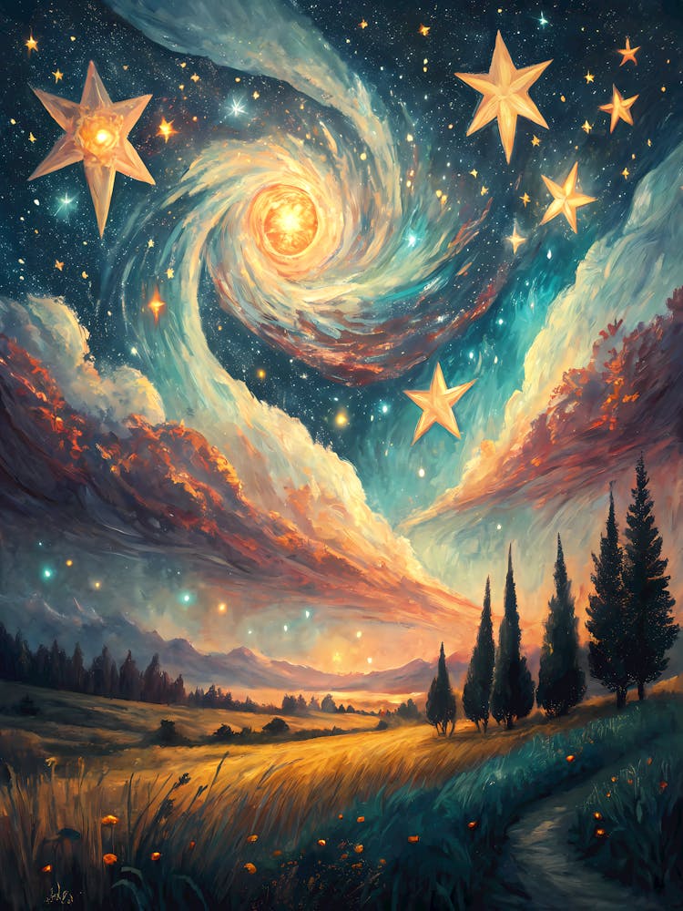 Whimsical Cosmic Landscape Glowing Stars and Swirling Galaxy Art oil painting
