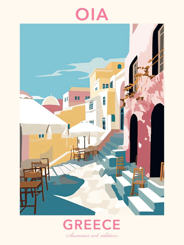Oia, Greece, Flat Pastels Tones Illustration 1 Poster