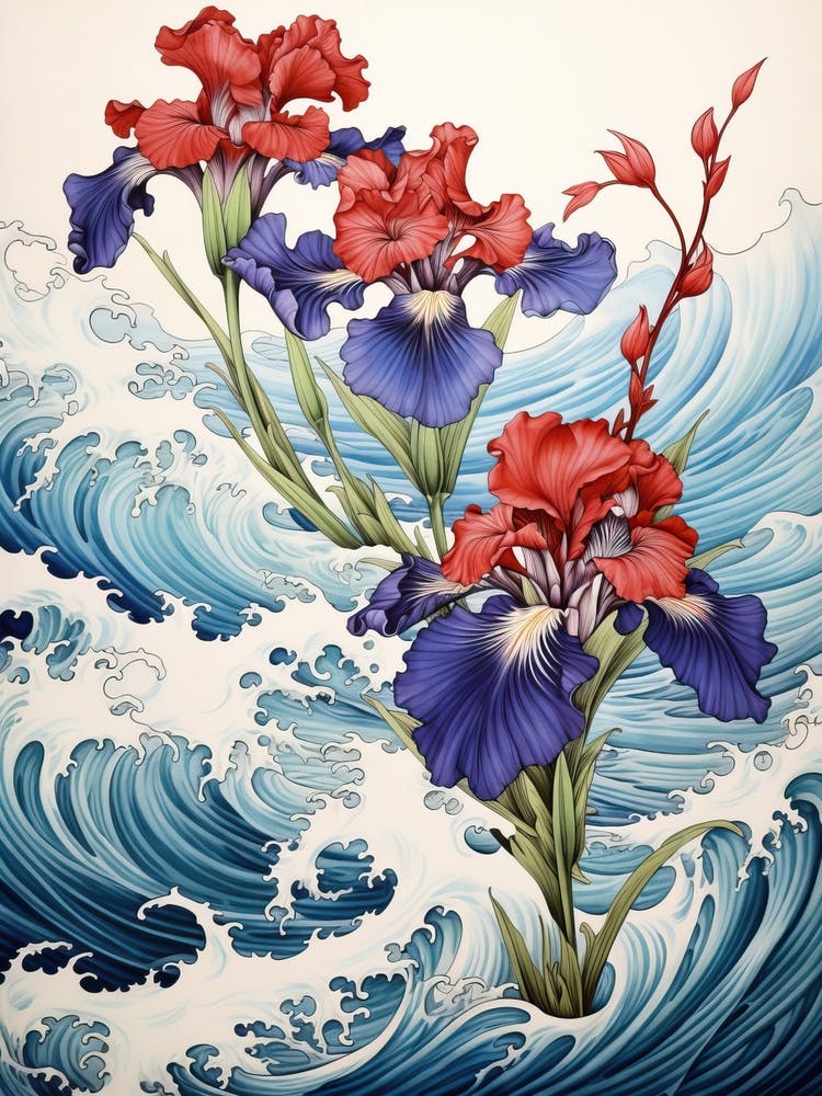 Great Wave With Iris Flower Drawing In The Style Of Ukiyo E 3