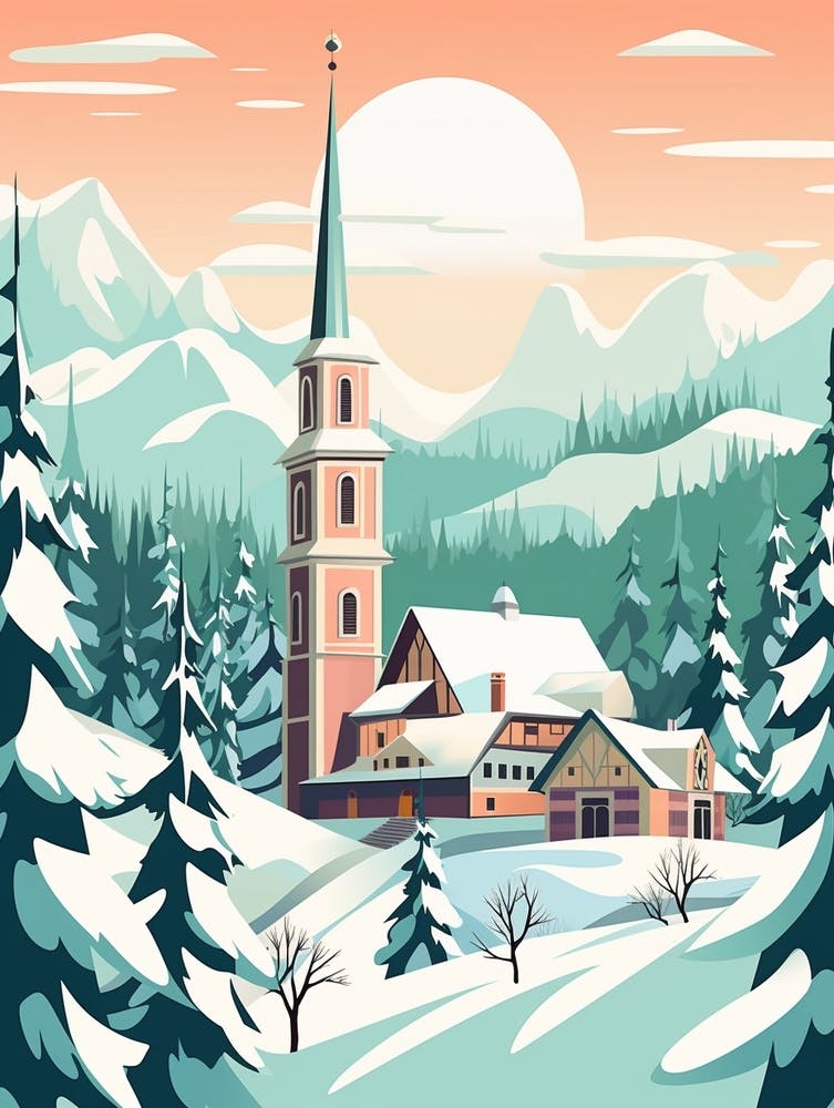 Vintage Winter Travel Illustration Bavaria Germany 3