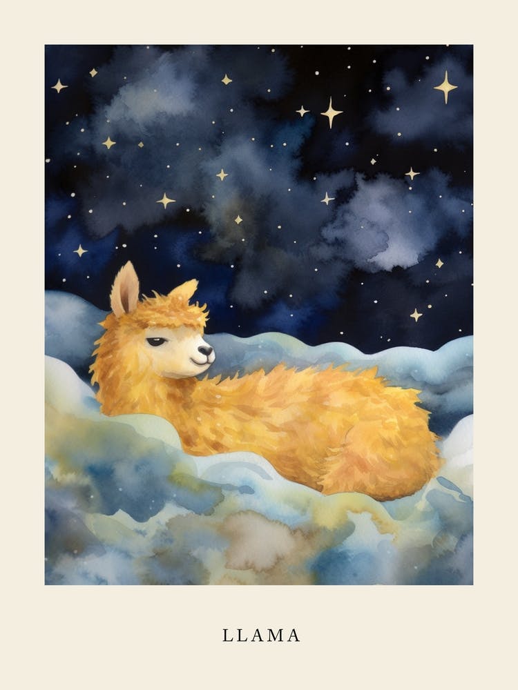 Baby Llama 2 Sleeping In The Clouds Nursery Poster