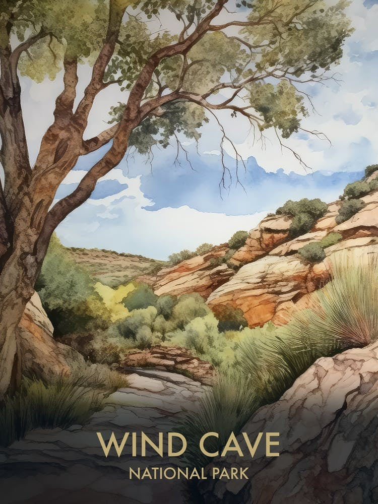 Wind Cave National Park Watercolour Vintage Travel Poster 3