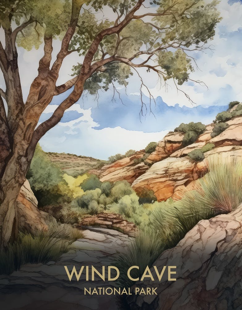Wind Cave National Park Watercolour Vintage Travel Poster 3