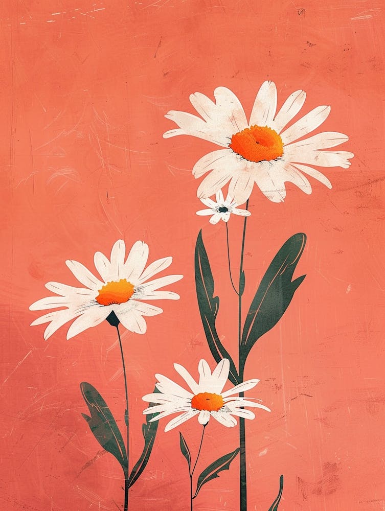 Set Of 4 Simple Hand Drawn Daisies On Pink Paper 8