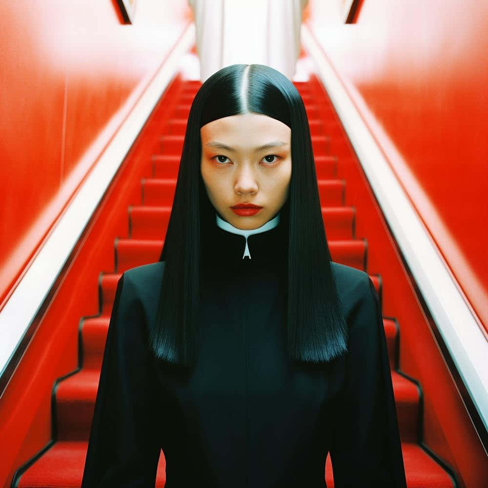 Girl standing on an orange staircase. 2023