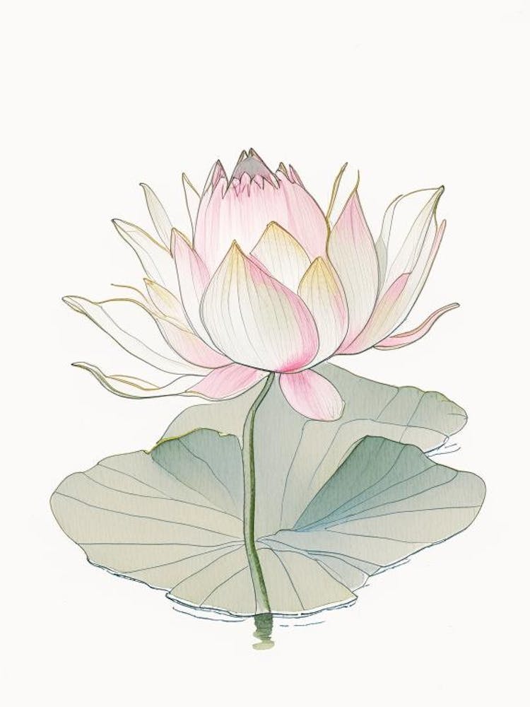 Blooming Lotus Flower In Lake Pencil Illustration 2