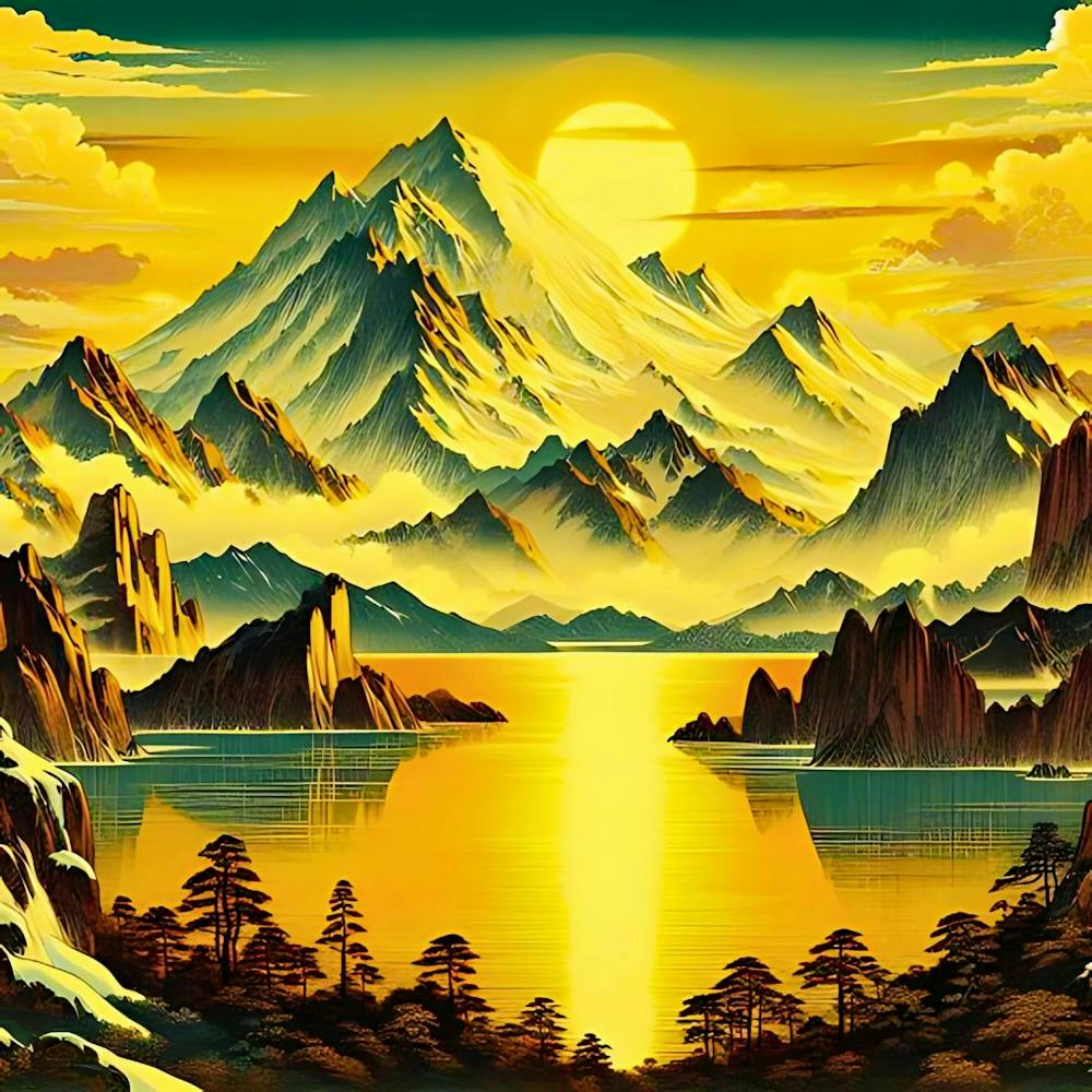 Realistic Towering Snow Capped Mountains, Sunrise, Warm Colors, Lake In The Foreground, Bird S Eye View