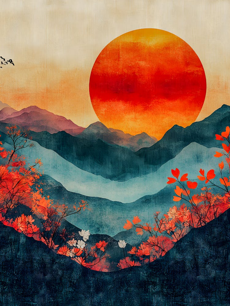 Vibrant Sunset over Mountain Landscape with Blooming Red Flowers – Nature Inspired Wall Art
