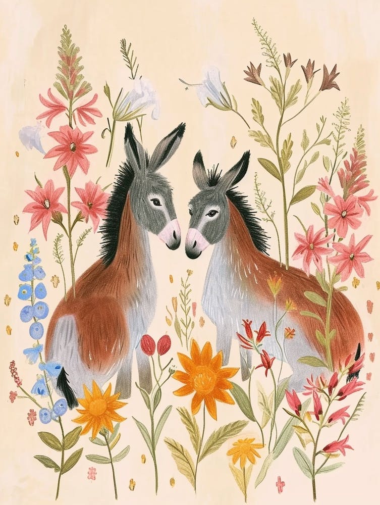 Folksy Floral Animal Drawing Donkey