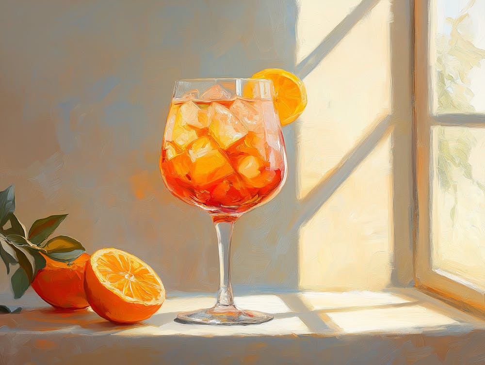 Oil Painting Of Cocktail, With Orange Slices In A Glass
