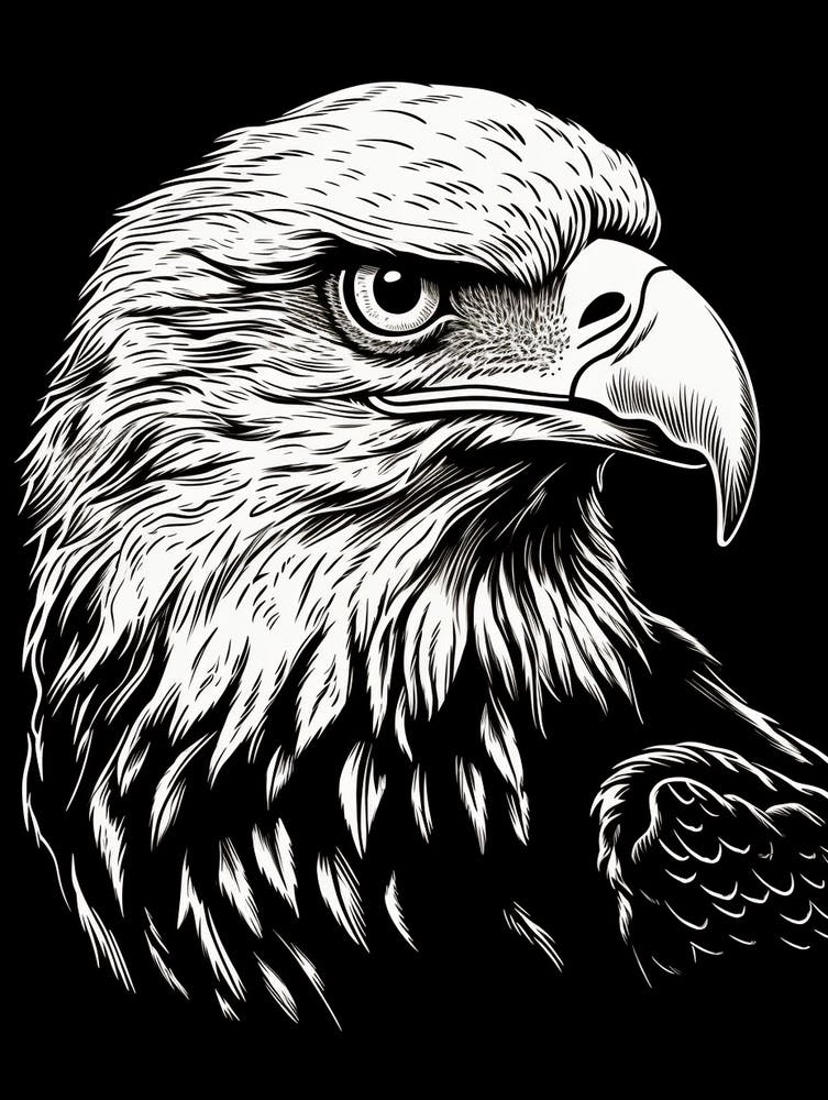 B&W Bird Linocut Bald Eagle 1