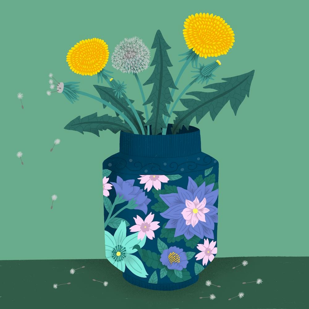 Dandelion Flowers In A Blue Decorated Vase