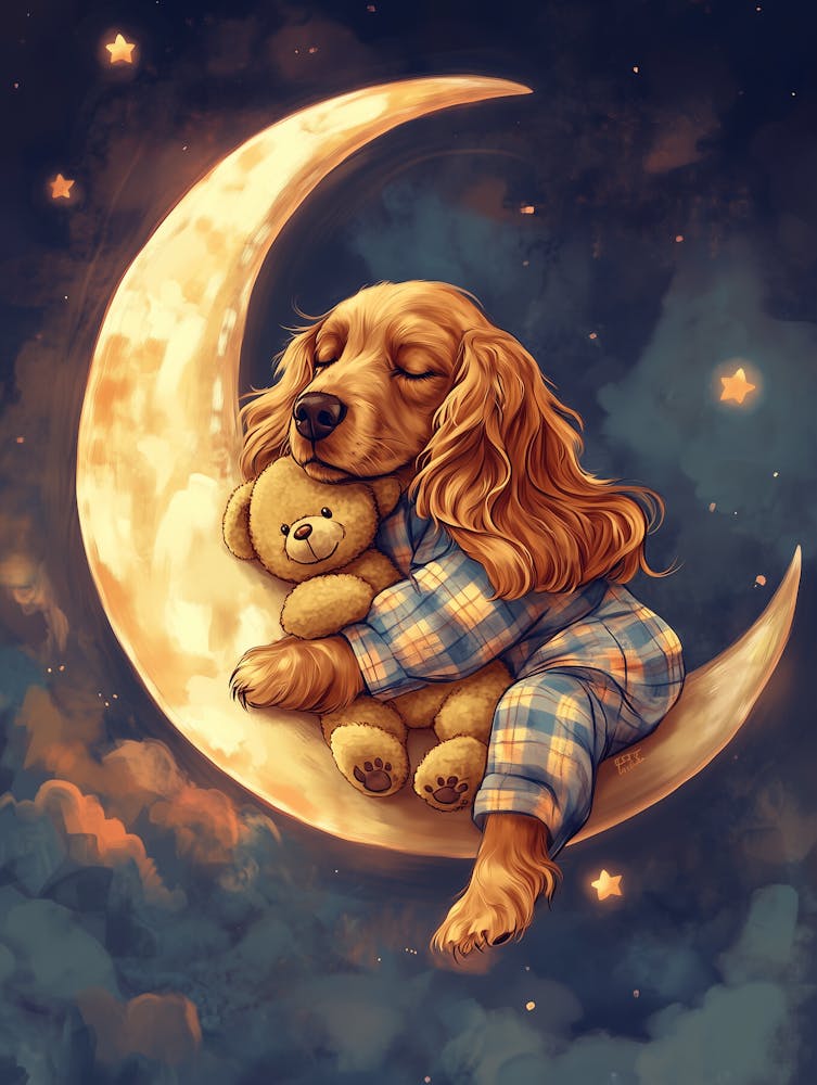 English Cocker Spaniel Dog Sleeping On The Moon Nursery Kids Bedroom
