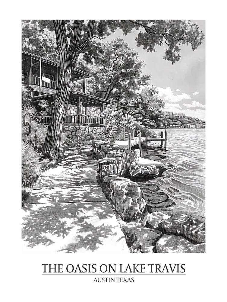 The Oasis On Lake Travis Austin Texas Black And White Drawing 3 Poster