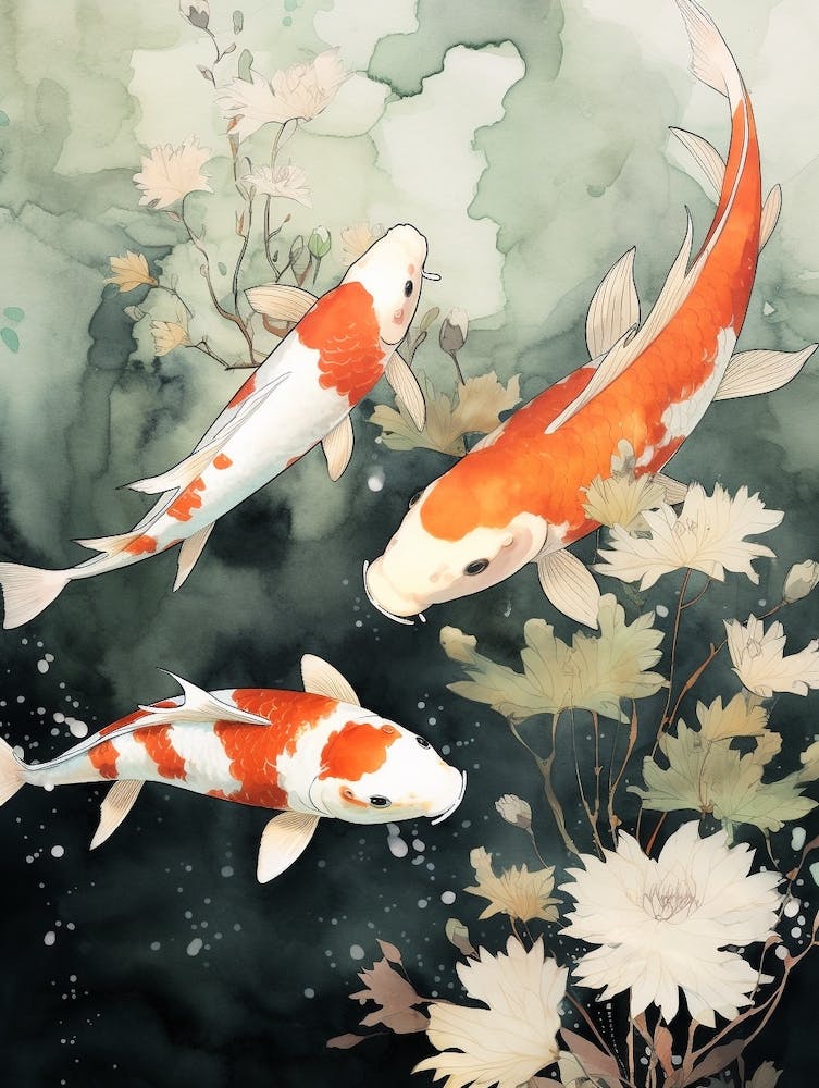 Orange Koi Fish Watercolour With Botanicals 7