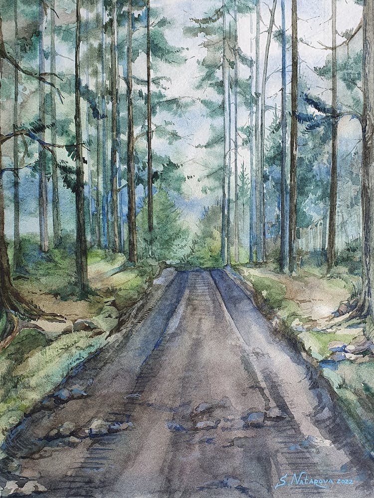 Watercolor Landscape Road In The Forest