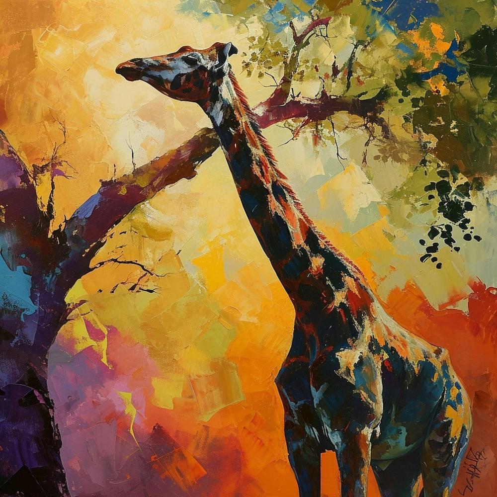 Giraffe kratzt Hals an einem Baum Pinselstrich Inspiriert 2