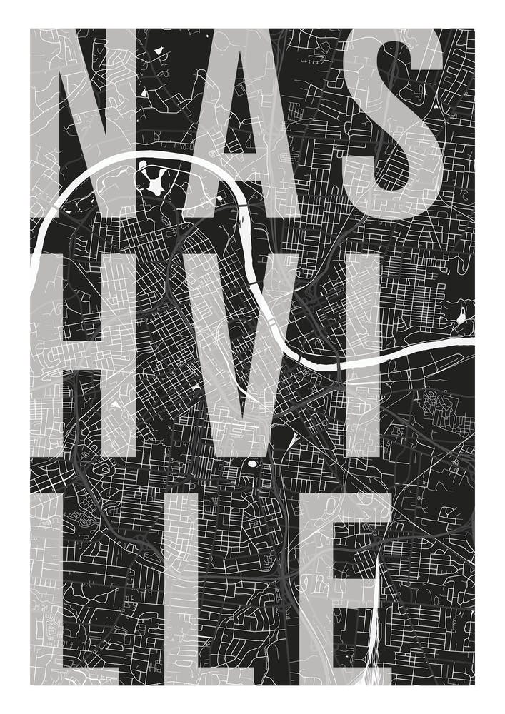 Nashville Mono Street Map Text Overlay