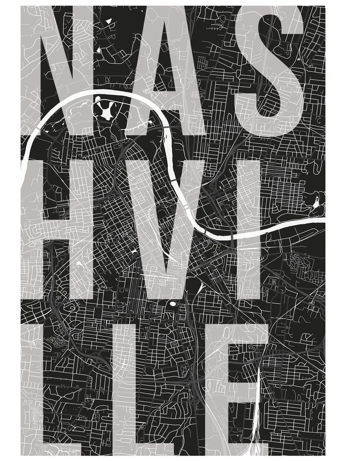 Nashville Mono Street Map Text Overlay