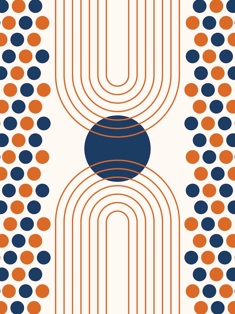 Mid Century Modern Geometric Abstract Rainbow, Sun in Navy Blue and Burnt Orange 1