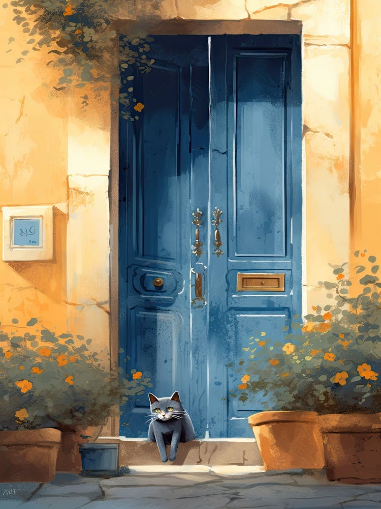 Grey Cat Mediterranean Blue Door