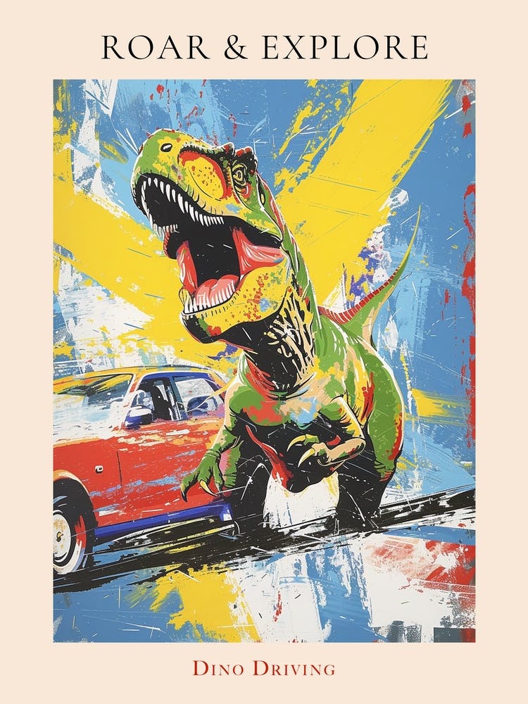 Retro Dinosaur With Classic Car Paint Splash Poster
