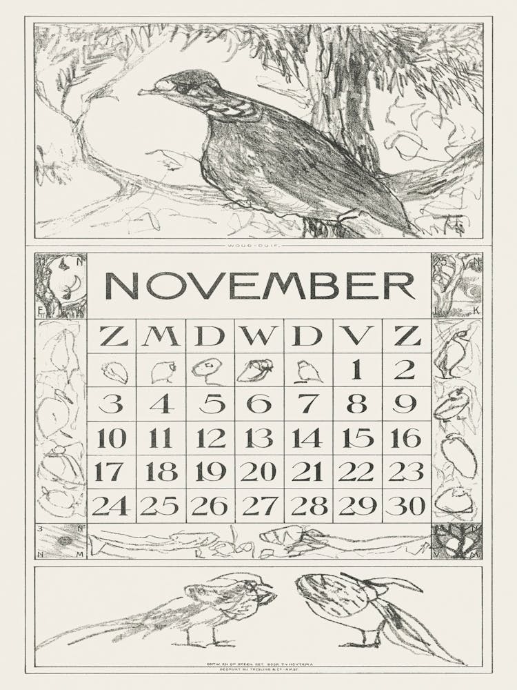 November Calendar Sheet With Wood Pigeon (1917), Theo Van Hoytema