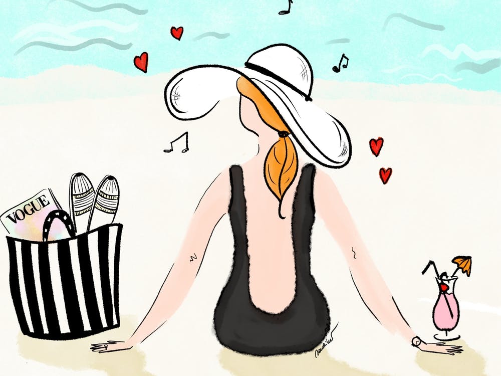 Woman On The Beach With A Cocktail And Vogue listening music at the sea