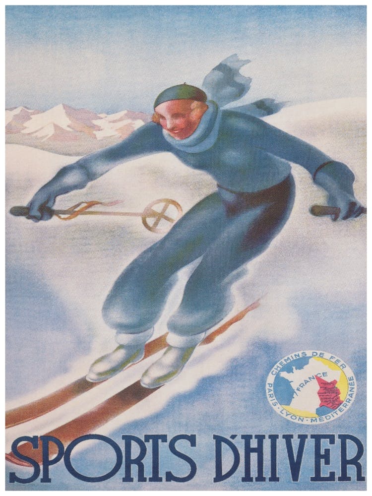 Winter Sports in France Vintage Ski Poster