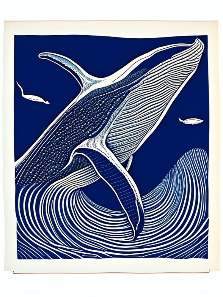 Blue Whale Vintage Linocut