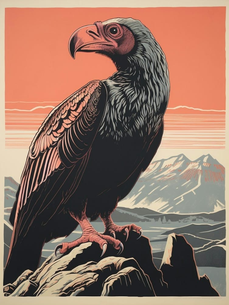 Vintage Bird Linocut California Condor 3