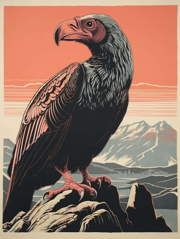 Vintage Bird Linocut California Condor 3