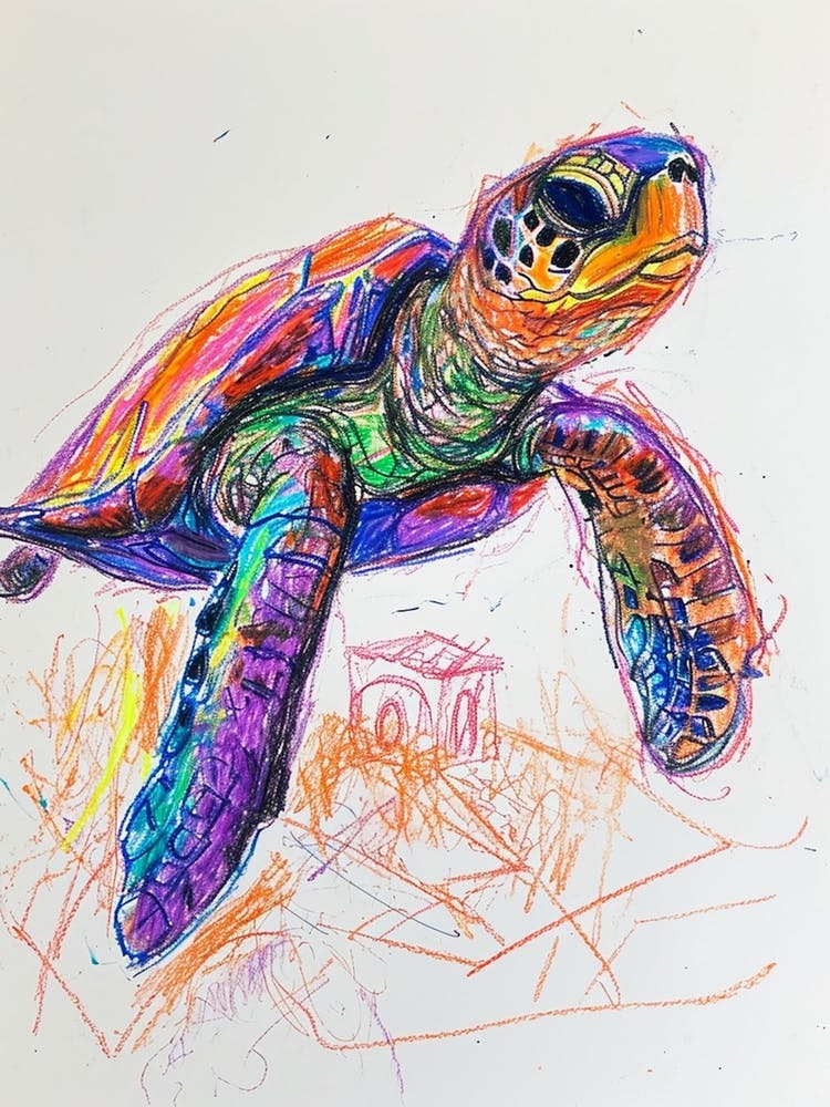 Sea Turtle Rainbow Crayon Scribble White Background