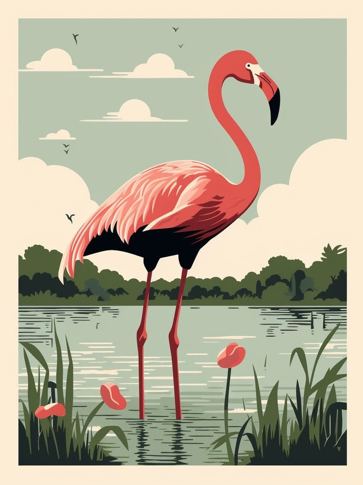 Vintage Bird Linocut Greater Flamingo 4