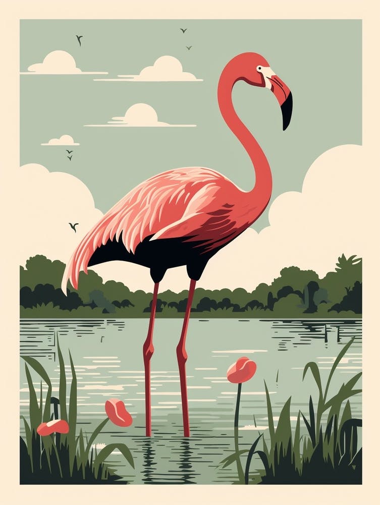Vintage Bird Linocut Greater Flamingo 4