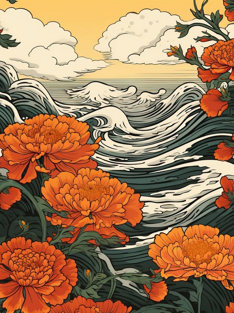 Great Wave With Marigold Flower Drawing In The Style Of Ukiyo E 3