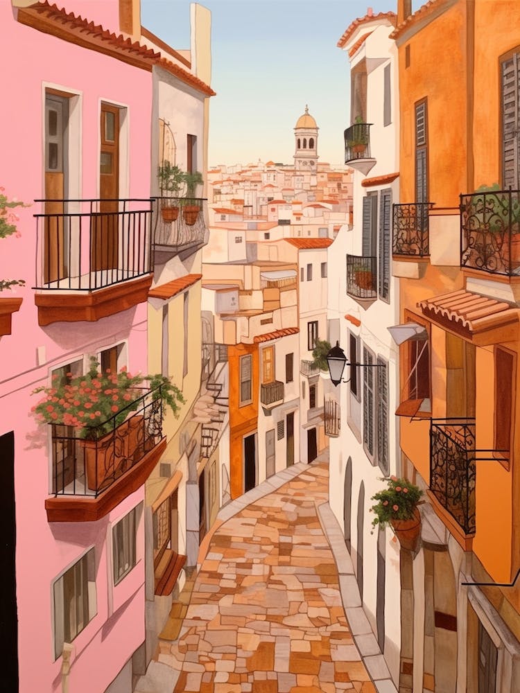 Cadiz Spain 3 Vintage Pink Travel Illustration