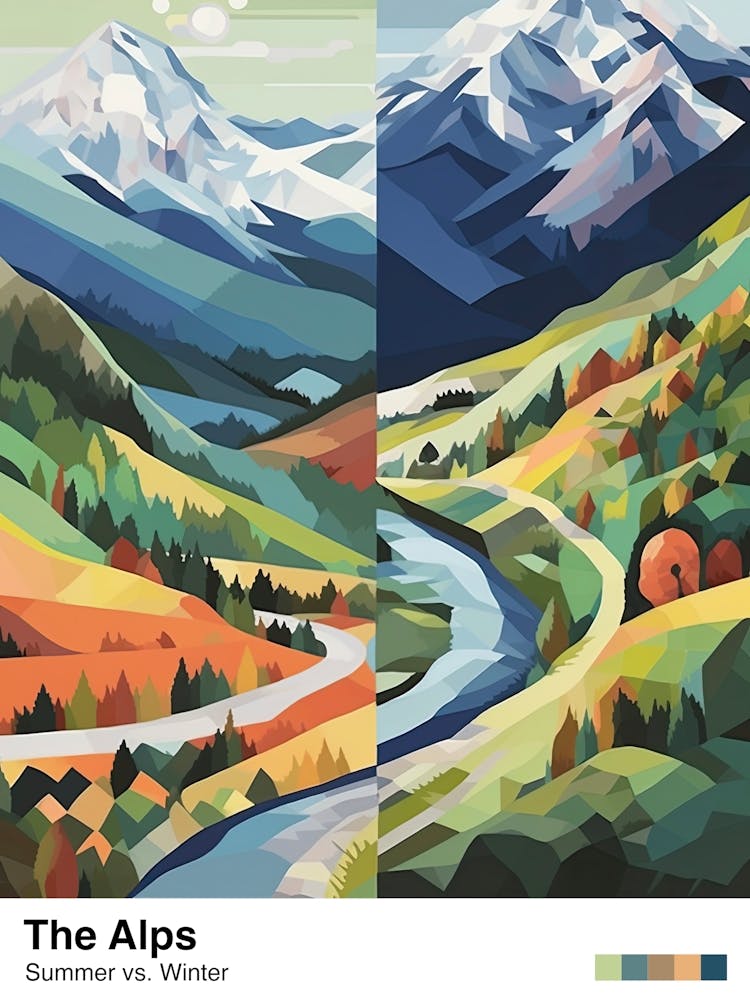 The Alps   Summer Winter Geometric Vector Illustration Poster
