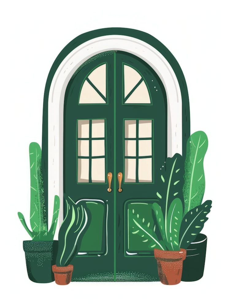 Green Door With Potted Plants 1