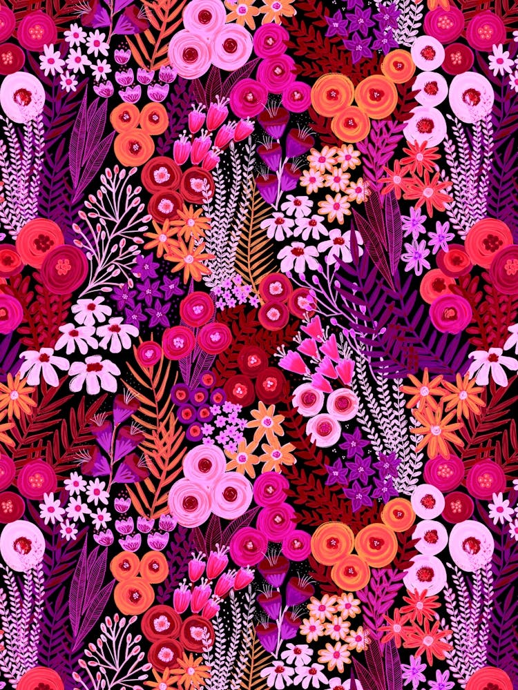 Berry Tone Abstract Floral Wild Flower Meadow Painterly