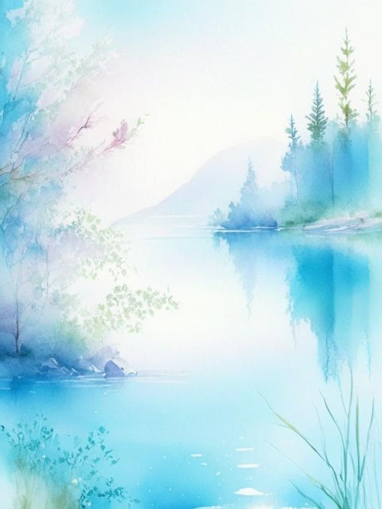 Crystal Clear Blue Lake Landscapes Waterscape Gouache 3