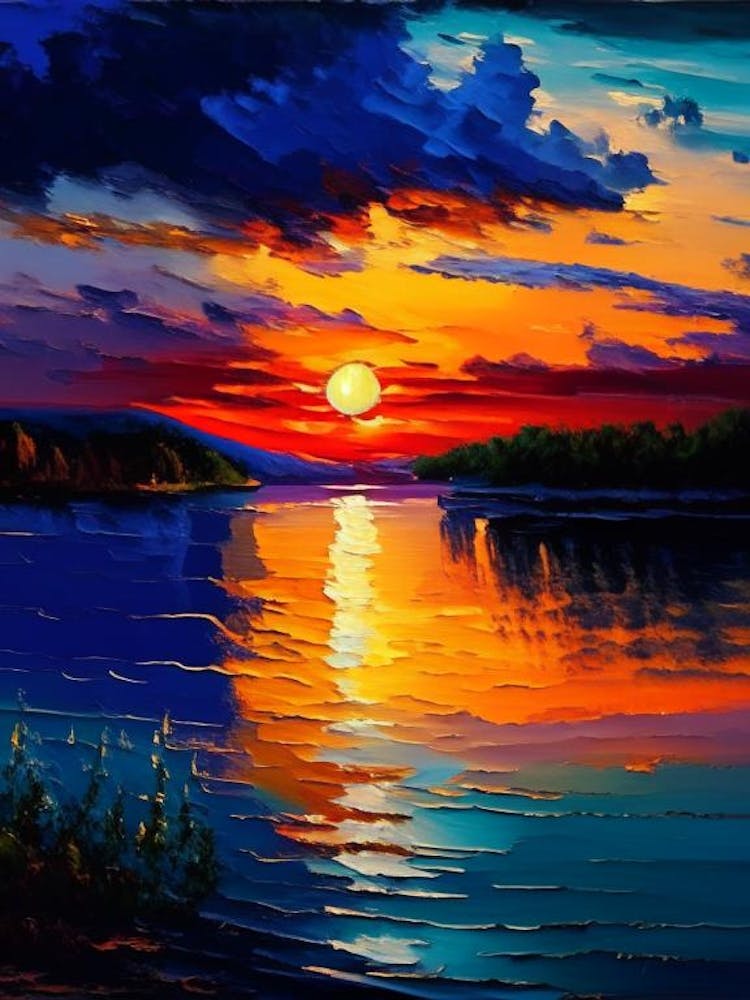 Sunset Over Lake Waterscape Impressionism 2