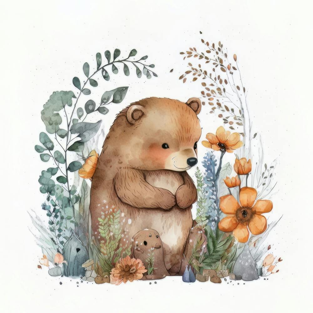 Watercolor Forest Cute Baby Bear