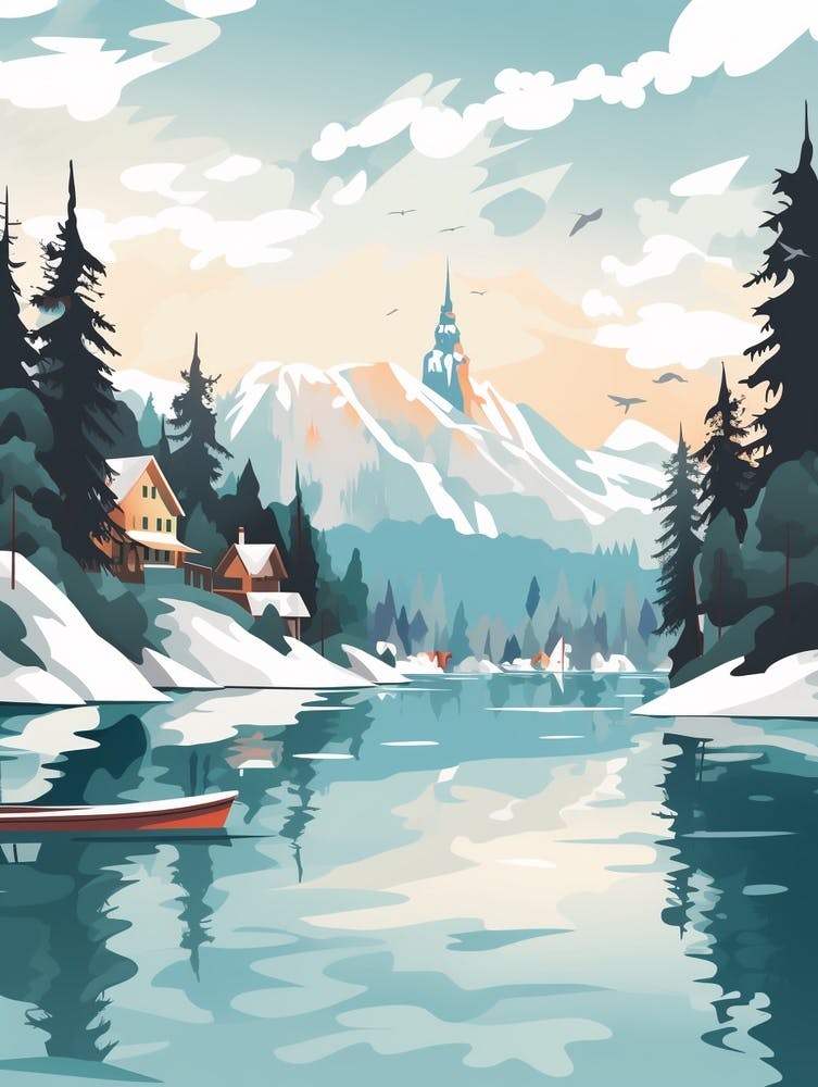 Vintage Winter Travel Illustration Lake Bled Slovenia 2