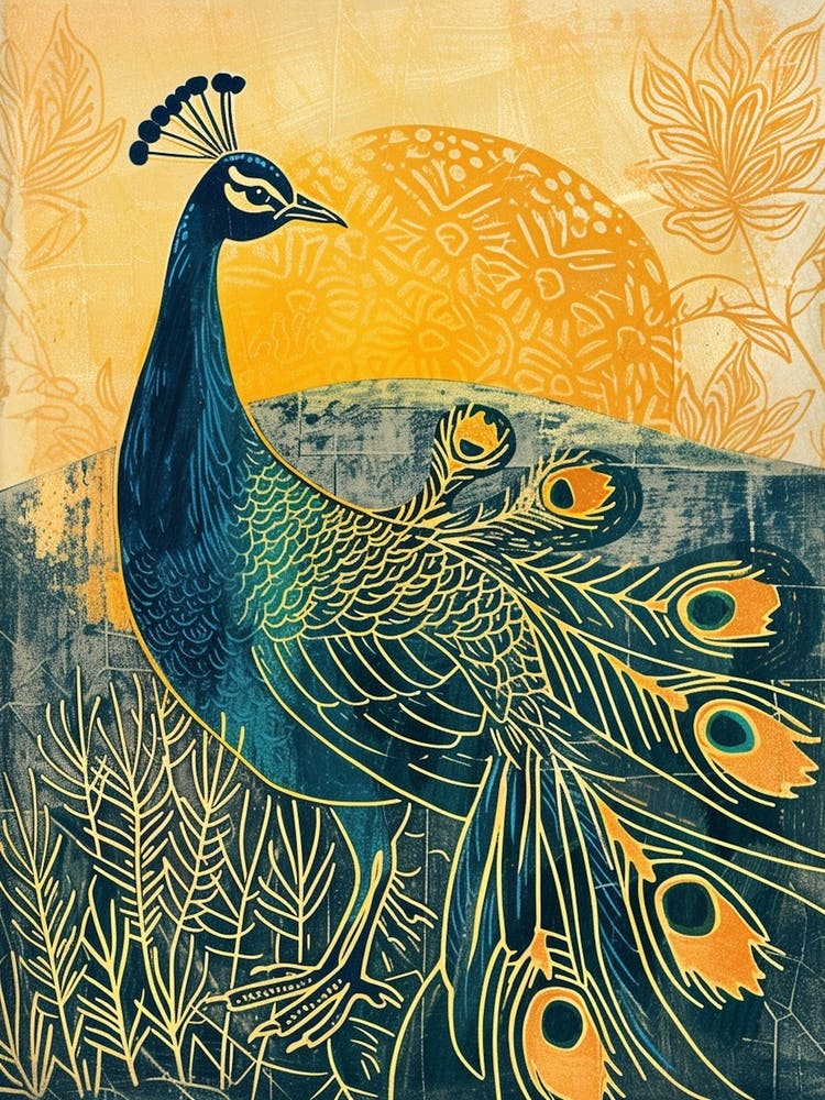 Blue Mustard Peacock In The Wild At Sunset