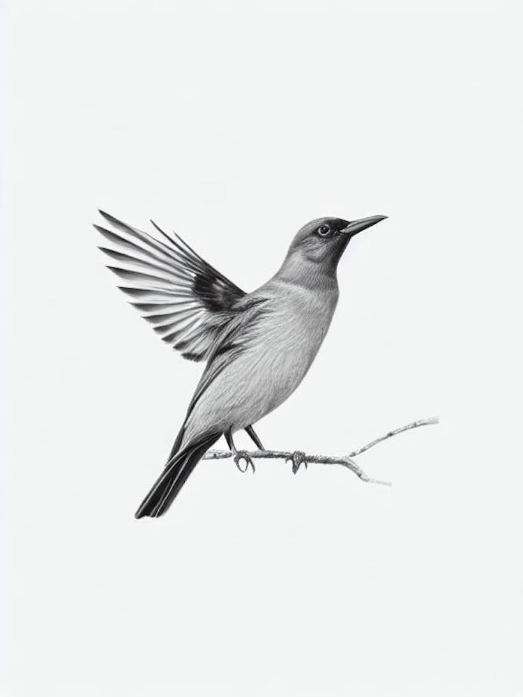 Blackbird B&W Pencil Drawing 2 Bird