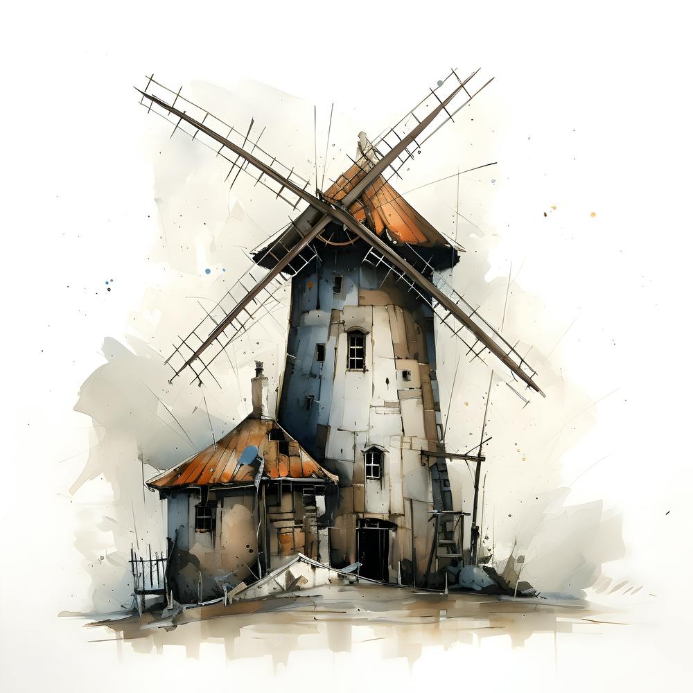 Watercolor Of A Windmill